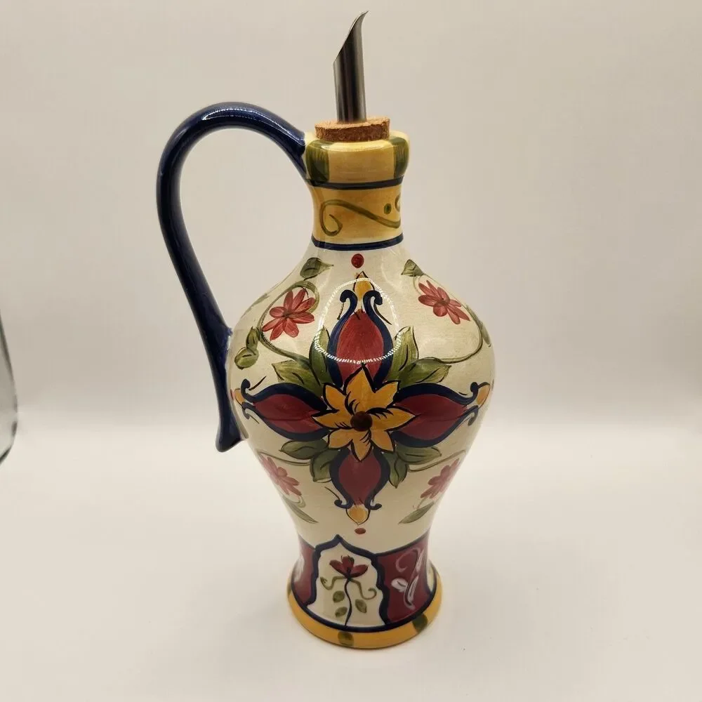 Pier 1 Oil Jar & Drizzle Spout Hand Painted Earthenware
